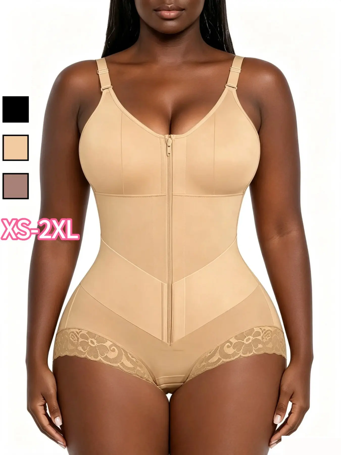 Women's Zip-Up Waist Shaping Bodysuit with Adjustable Straps, Tummy Smoothing Full Body Shapewear for a Sleek Everyday Look, Elastic Shapewear Bodysuit