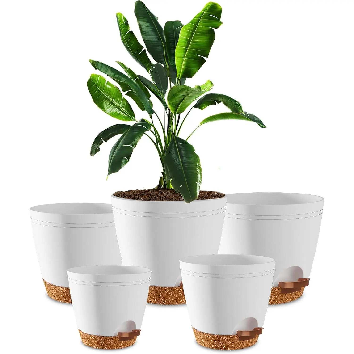 Self Watering Pots for Indoor  6.8"/6.4"/5.9"/5.5"/4.9", Planters for Indoor , Multi-Size Flowerpot, Set of 5  Pots with Drainage & Reservoir (White)