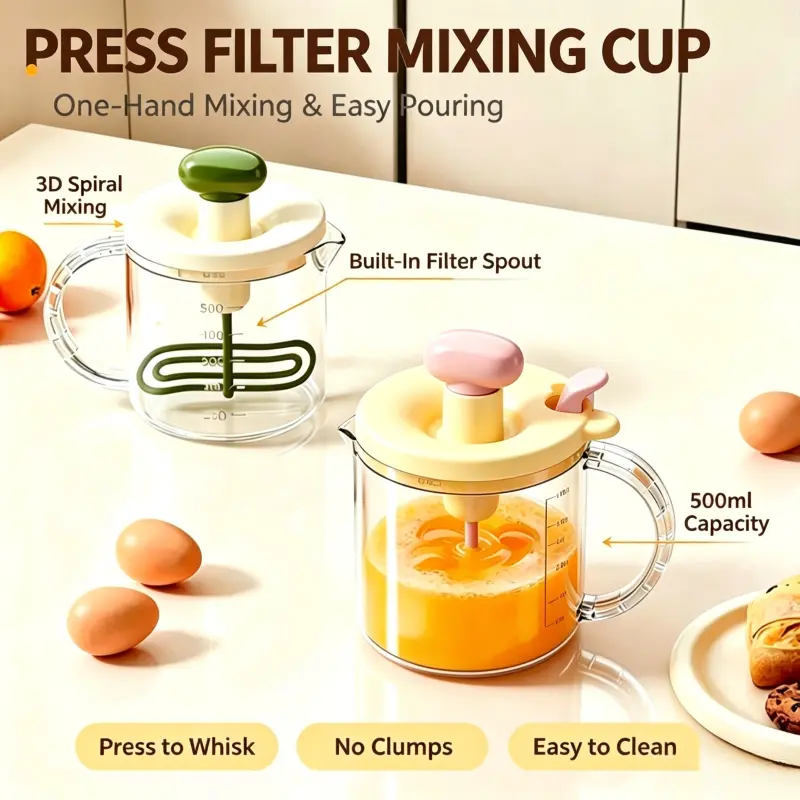 3-in- Multi-Functional Filter Press Mixing Cup, Measuring Stirrer, Handheld Whisk, Cream Whip Baking Mixer, Large Capacity Kitchen Tool, Kitchen Gadgets, Egg Whisk, Egg Beater