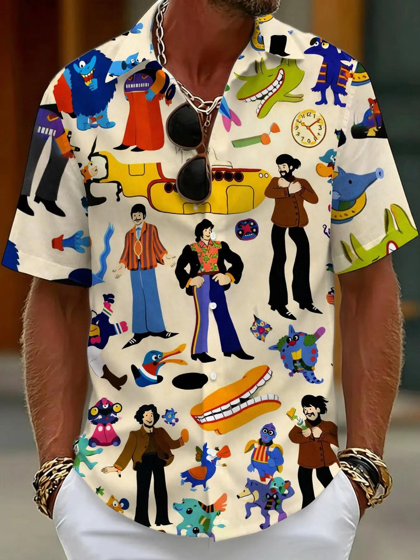 Beatles Yellow Submarine Cartoon Print Casual Short Sleeve Men's Shirt Top Menswear