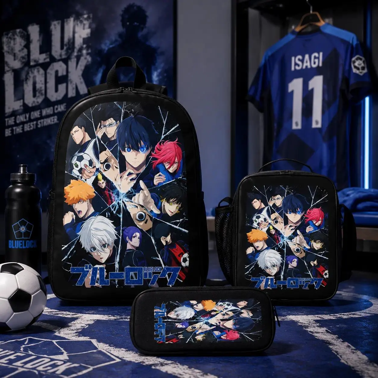 Unisex Anime-Themed Blue Lock 3-Piece Anime Character Graphic Backpack Set - Black Base Cartoon Design, Lightweight Durable, Adjustable Straps, Zippered Bags, Lunch Bag, Pencil Case, Travel Use, for Collectors, Back to School (Do Not Dry Clean)