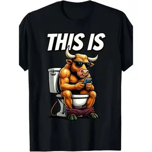 Funny 'Cow on Toilet, This is Cow Dung' Satire Pattern T-Shirt|   Retro Humorous Unisex T-Shirt, Cattle Design, Comfortable Casual Men's Clothing, Short-Sleeve Round-Neck Shirt, Suitable for Parties, Office and Daily Use