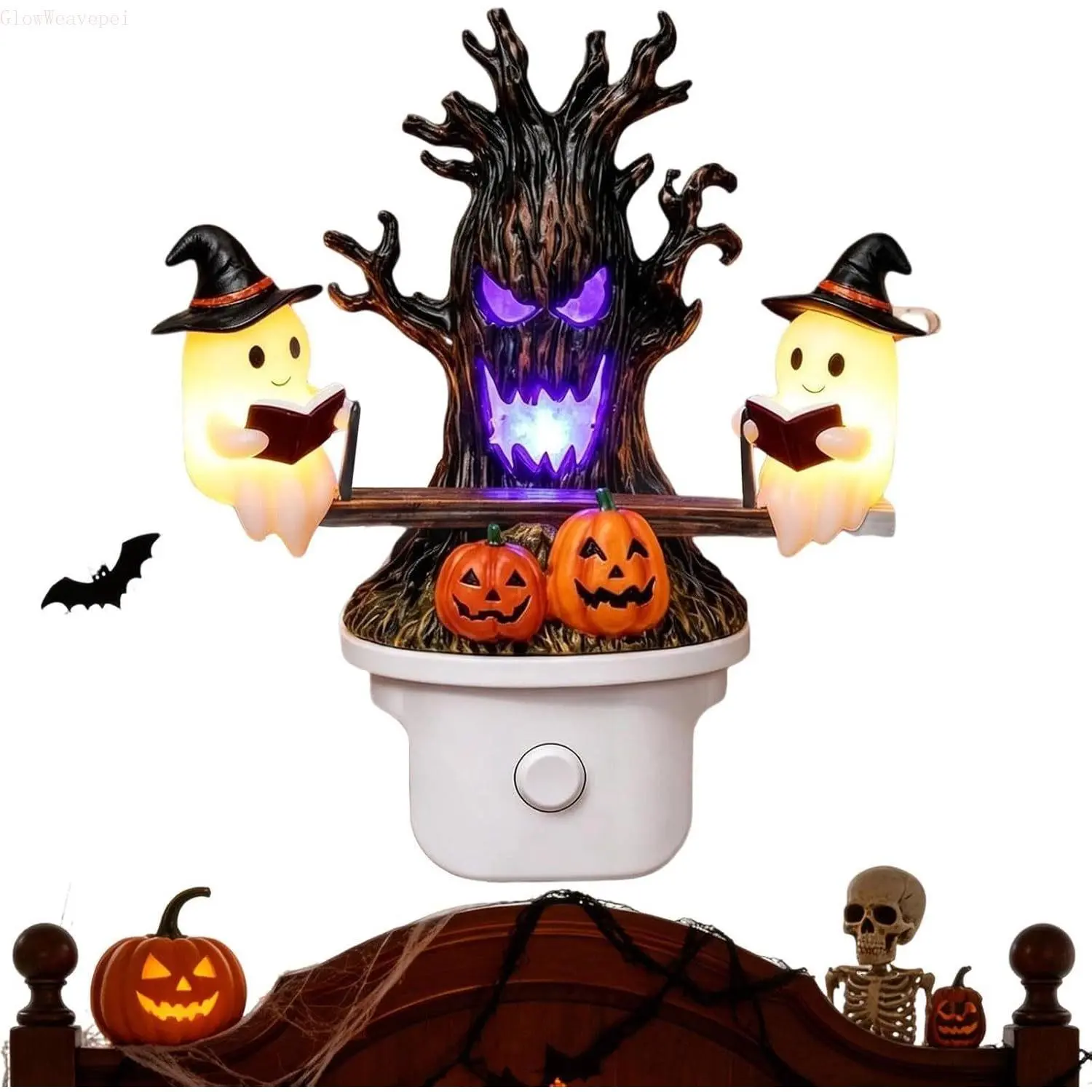 Cute Ghost Seesaw Night Light, Spooky Resin Plug-in LED Wall Lamp, Halloween Decoration for Bedroom and Entryway