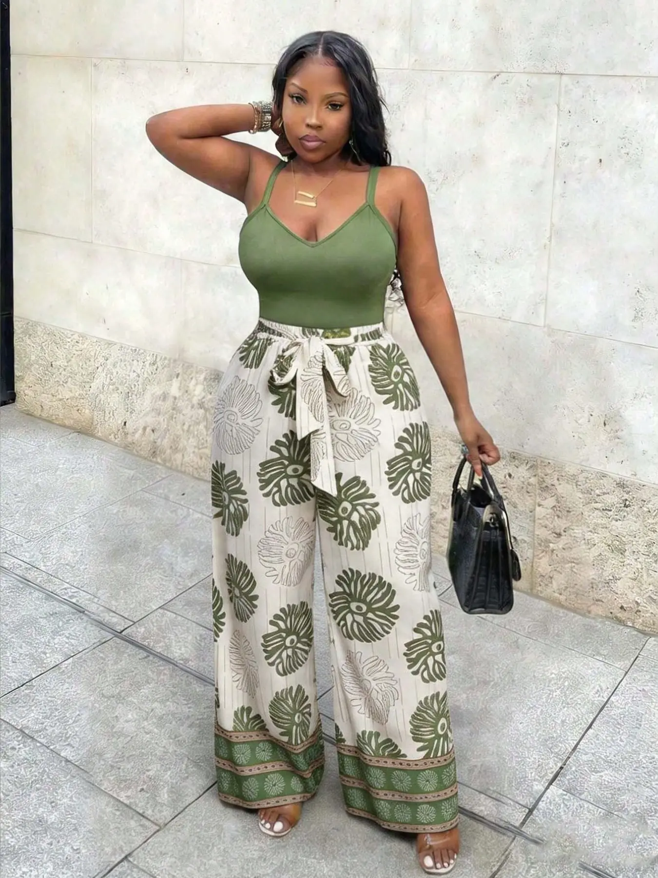 Summer Beach Boho Chic Style Bohemian Tank Top & Wide Leg Pants Set, Music Festival Theme, Easter, St Patrick's Day, Casual Wear, Floral Pattern Ly6038