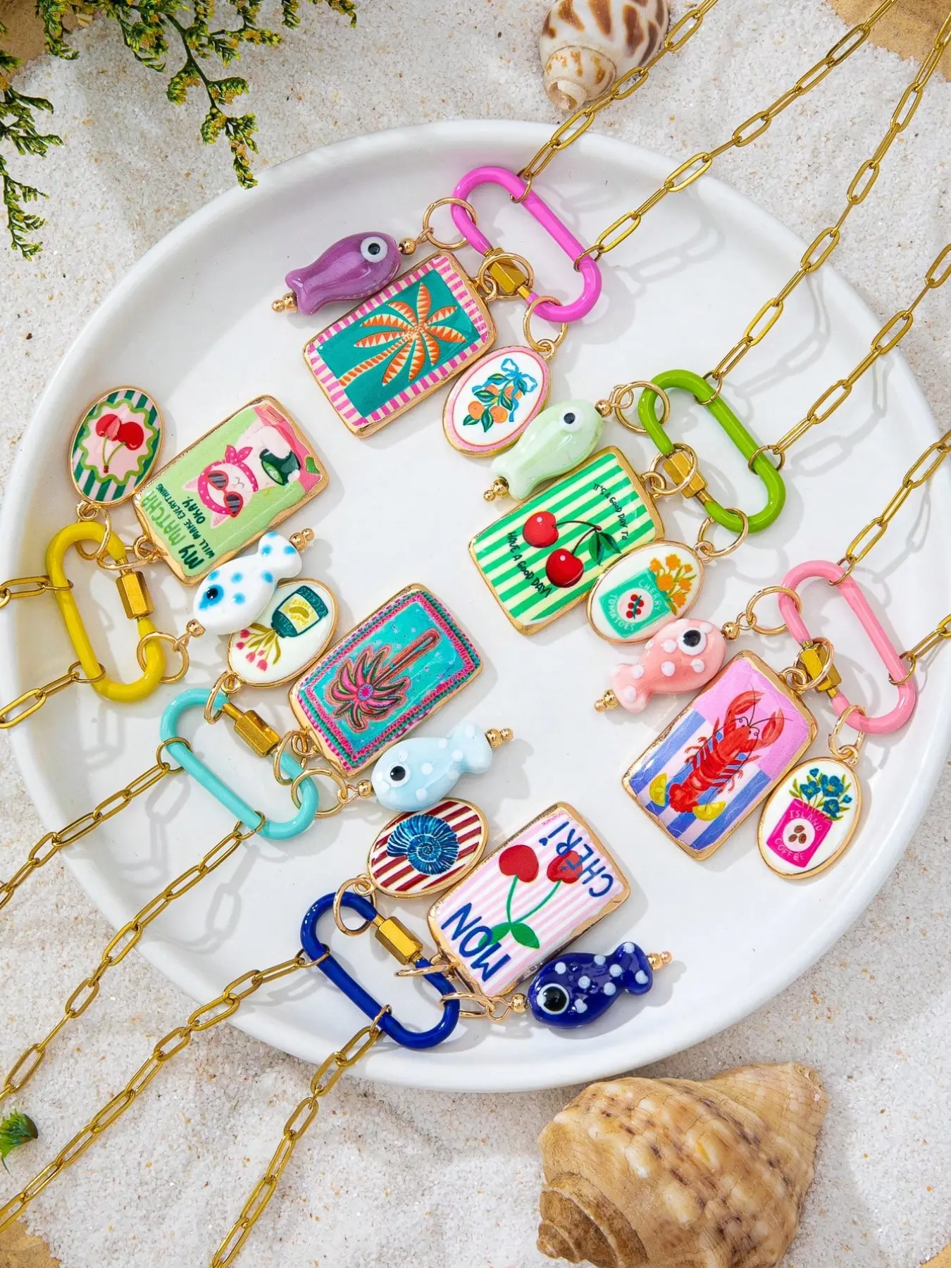 6-Pc Colorful Enamel Carabiner Clasp Charm Whimsical Necklace Set, Cherry & Fish Pendants, 18K Gold-Plated Stainless Steel Chain with Interchangeable Charms, Boho Vacation Jewelry for Women