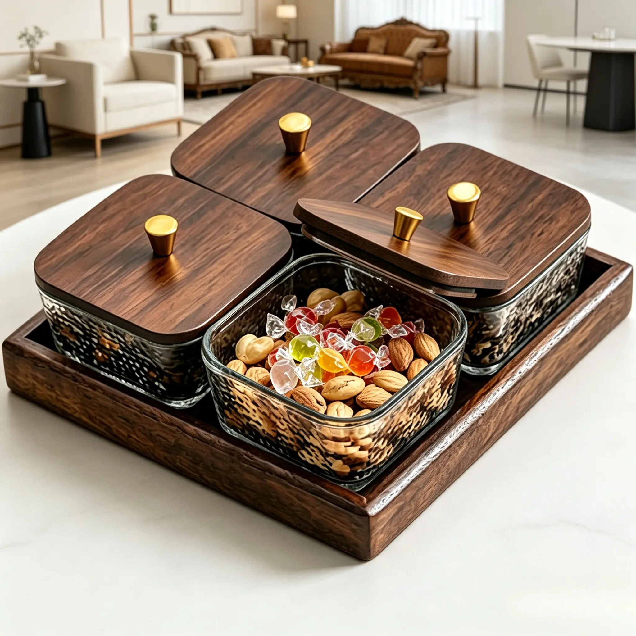 Walnut Glass Square Sectional Divided Snack Bowl Set with Wood Lids - 4 Compartment Assorted Containers, Kitchen Serving Board, Portable Multipurpose Food Organizer for Kitchen Storage, Parties, Four Compartments