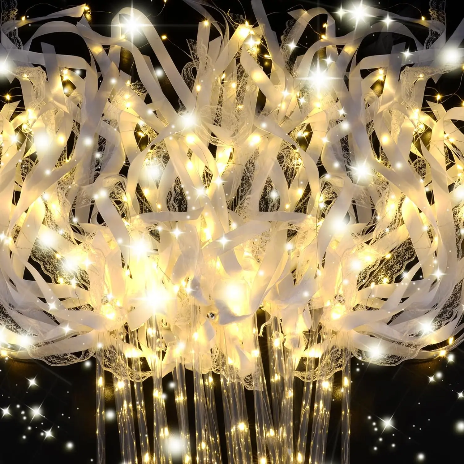 100PCS Light up Wands for wedding, Wedding Wands Streamers with 3 Colorful Flashing Modes, Fairy Wands, LED Silk Fairy Wand with Bells for Wedding, New Year, Thanksgiving, Concert