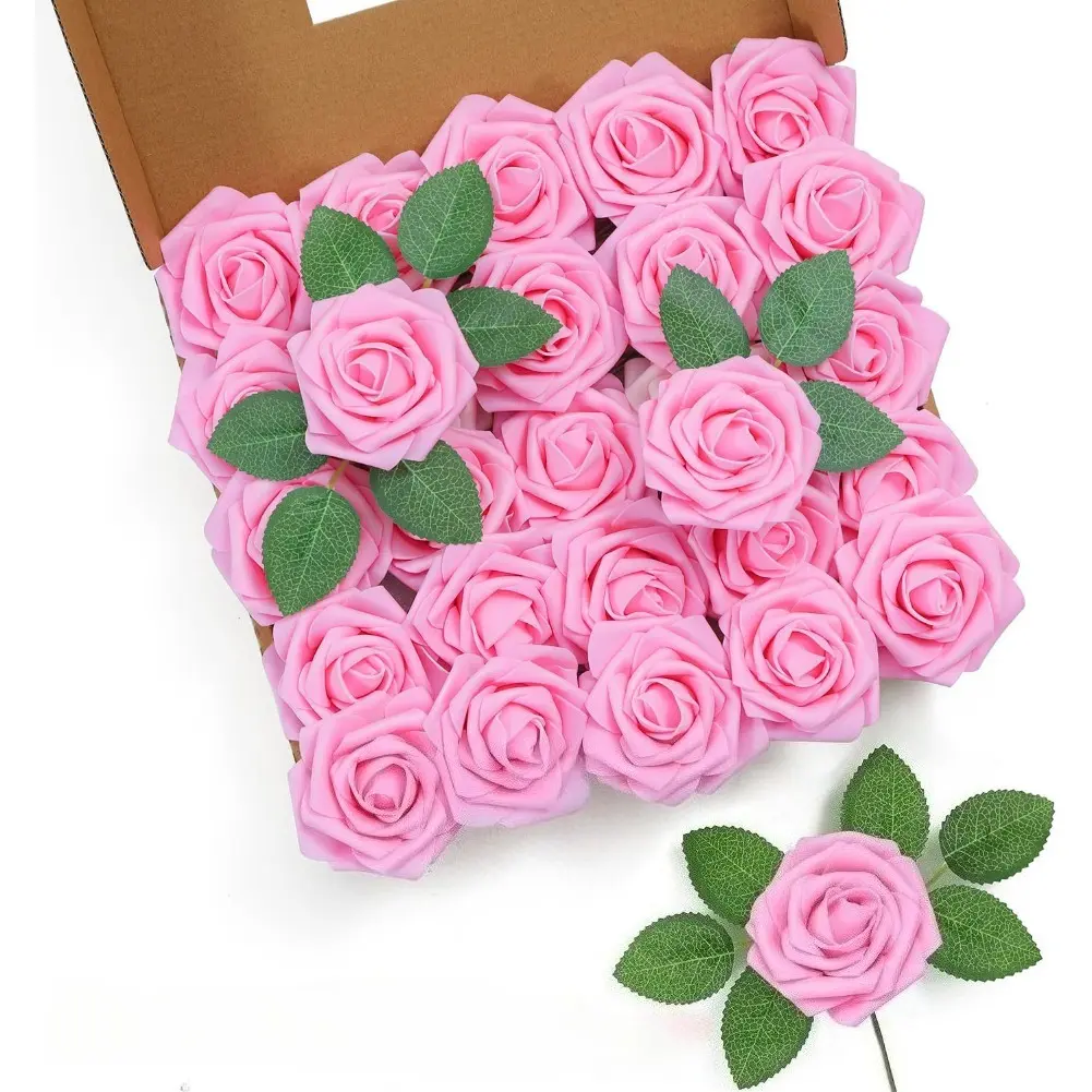 50pcs Artificial Pink Foam Roses with Stems - 3" Head Realistic Look Floral Decor for Wedding Bouquets, Bridal Shower Centerpieces, Artificial Pink Flower Arrangement, 50Pcs Foam Rose, Office