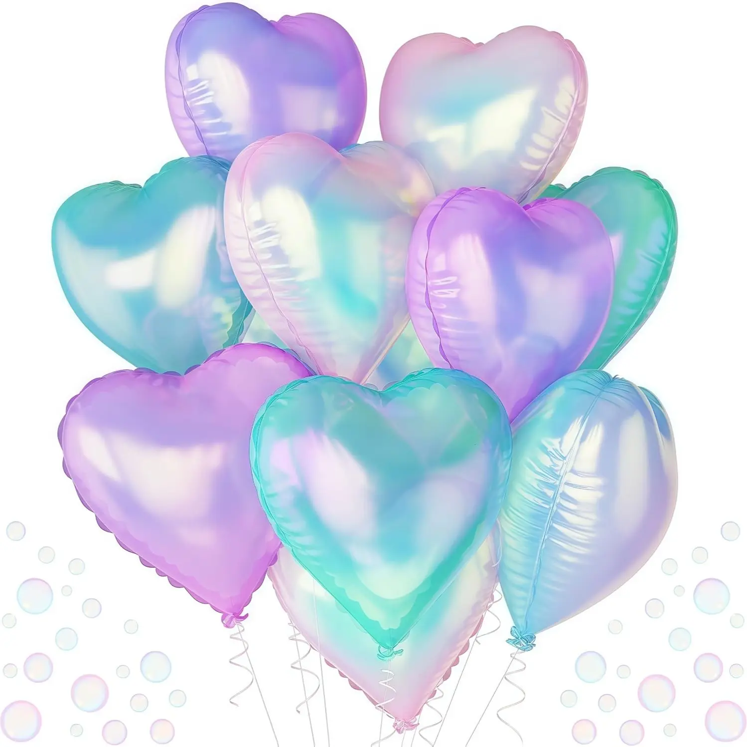 Iridescent Heart Balloons, 12Pcs 18Inch Transparent Crystal Heart Foil Balloon, Gradient Iridescent Pink Purple Green Balloon for Girls Women Princess Mermaid Birthdays Wedding Easter Party Decoration, Balloon Party Supplies
