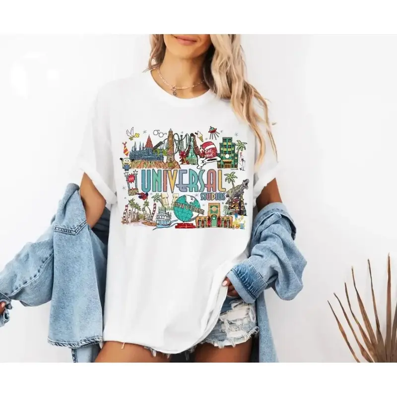Women's Retro Universal Studios Short-Sleeve Ripped Aesthetic Top, Comfortable T-Shirt for Family Vacation in Universal Florida, Shortsleeve, Tops