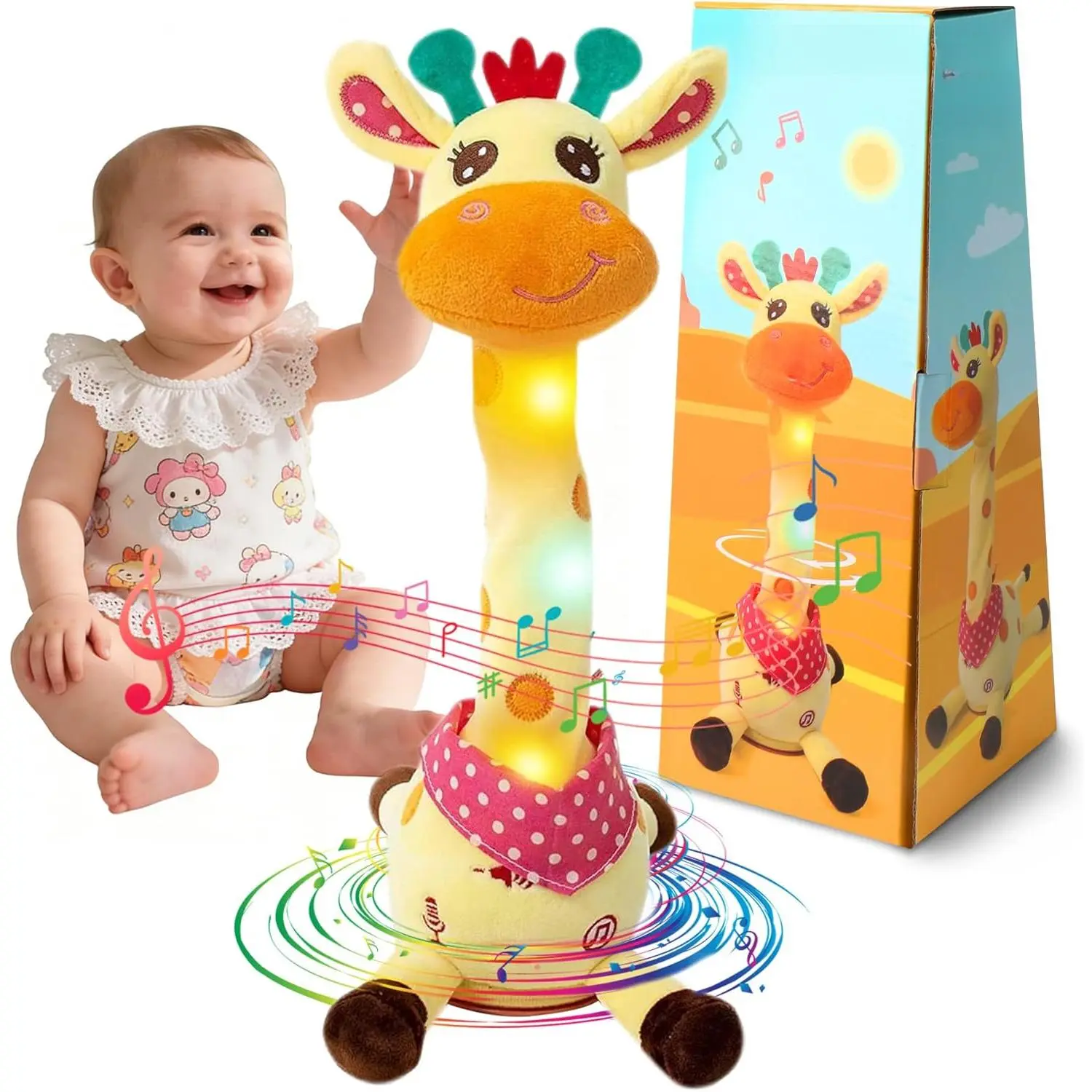 Colorful Talking Singing Giraffe Stuffed Animal - Repeats What You Say, Glows, Plays 10 Children's Songs - Toddlers Fit 1-3 Years Baby Sound Toy, Easter Day Gift, New Model, Plush Fabric