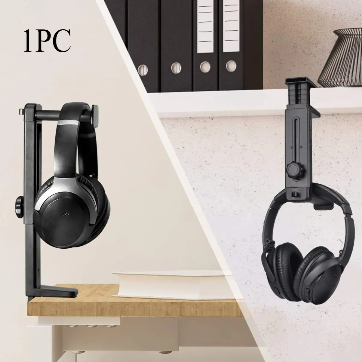 2-in-1 Heavy-Duty Headphone Stand/Hanger with Adjustable Height and Rotating Clamp – Space-Saving Desk Mount with Cable Management