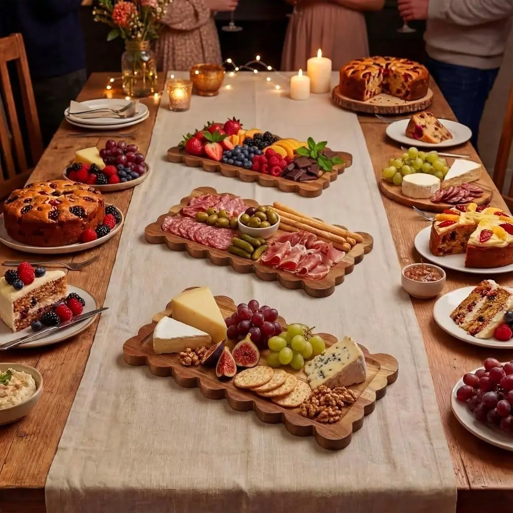 1pc Wave Design Acacia Wood Serving Tray, 14x5.5 Inch, Ideal for Cold Cuts, Desserts, Bread, Cheese, Fruit, Tea, Elegant Tableware