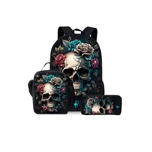 Skull pattern printed 17-inch backpack Casual Lightweight Backpack three-piece set (single-layer backpack + shoulder strap lunch bag + single-layer pencil case) Backpack for School