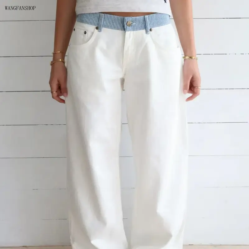 Adjustable Low-Rise Loose-Barrel Leg Jeans - Y2K Minimalist Style, Adjustable Snap Buttons, Color-Blocked Waistband, Loose-Leg Cut, Soft Daily Wear,Elegant,Flower,Design Waist Buckle