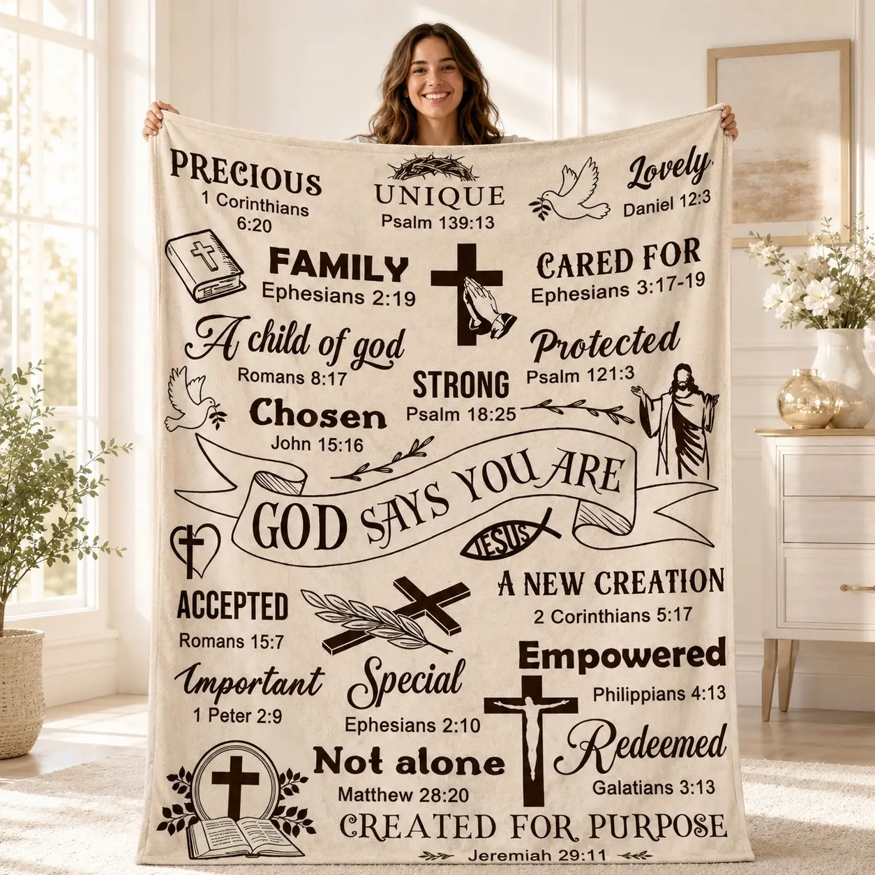 1PC God Says You Are Bible Verse Cross Vintage Sketch Print Flannel Blanket, Soft Skin-Friendly Anti-Pilling Machine Washable Lightweight Throw Blanket, All Seasons For Adults Home Sofa Bedroom Nap Christian Believers Gift Decor Blanket