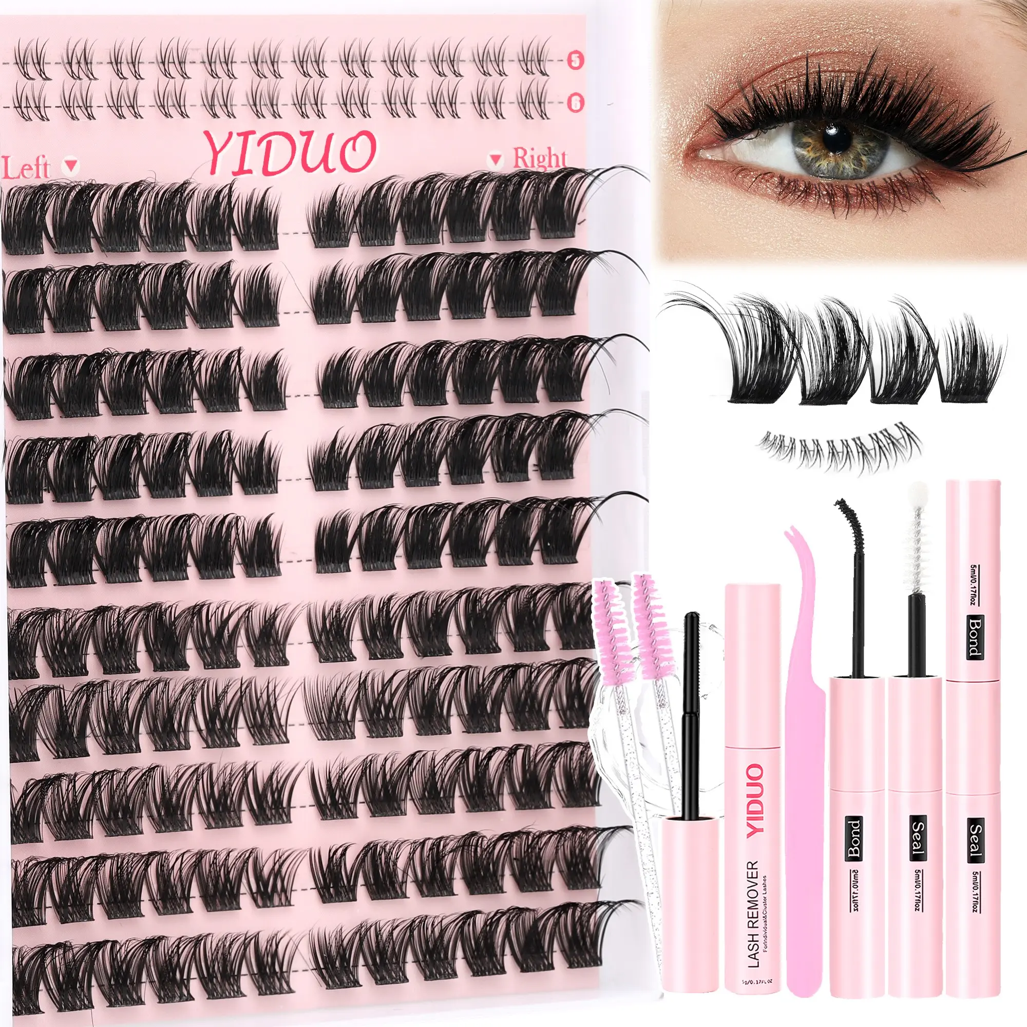 YIDUO Fox Eye Lash Set – 2 Styles (Spike/Wispy) L&R + Bottom, C-Curl with  Bond, Seal, Remover & Tweezers. 5-Min DIY.