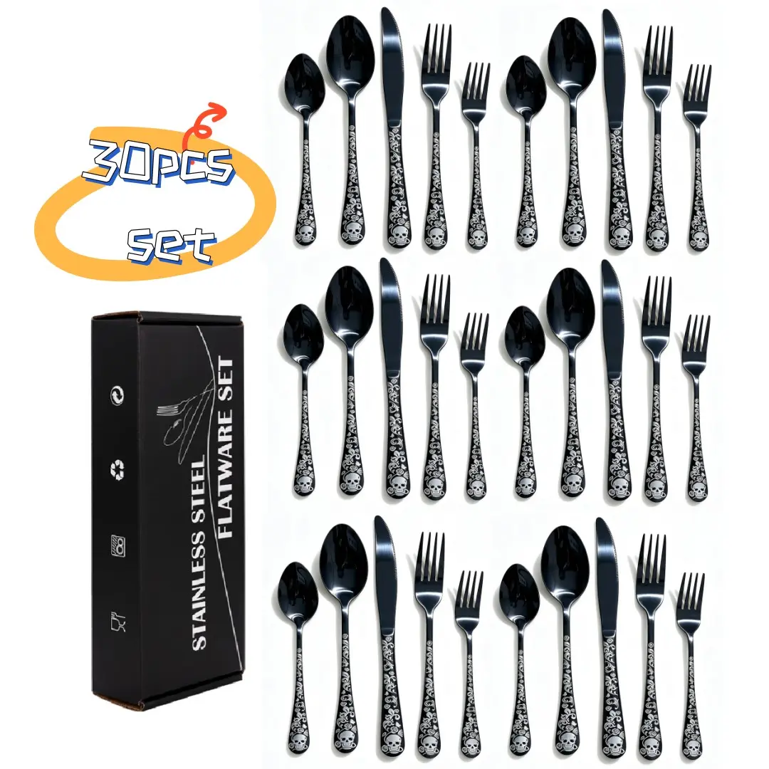 30-Piece Stainless Steel Cutlery Tableware Set, Dark Skull Design, Mirror Finish, Easy Clean, Ideal for Home Dining, Halloween Parties, Theme Restaurants