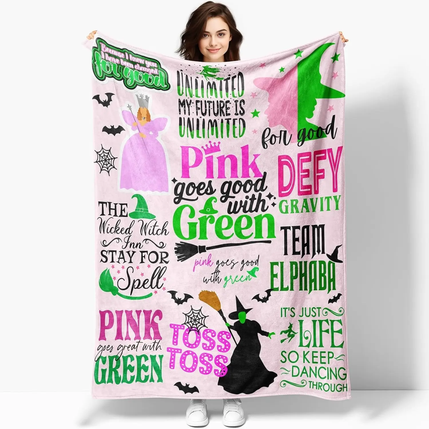 1PC Elphaba Hat Glinda Witch Pink Flannel Blanket, Magic Movie Land Blanket, Evil Gift Queen Throw Broom, All Seasons Warm Cozy Soft Blanket for Sofa Chair Bed Halloween Women Fans