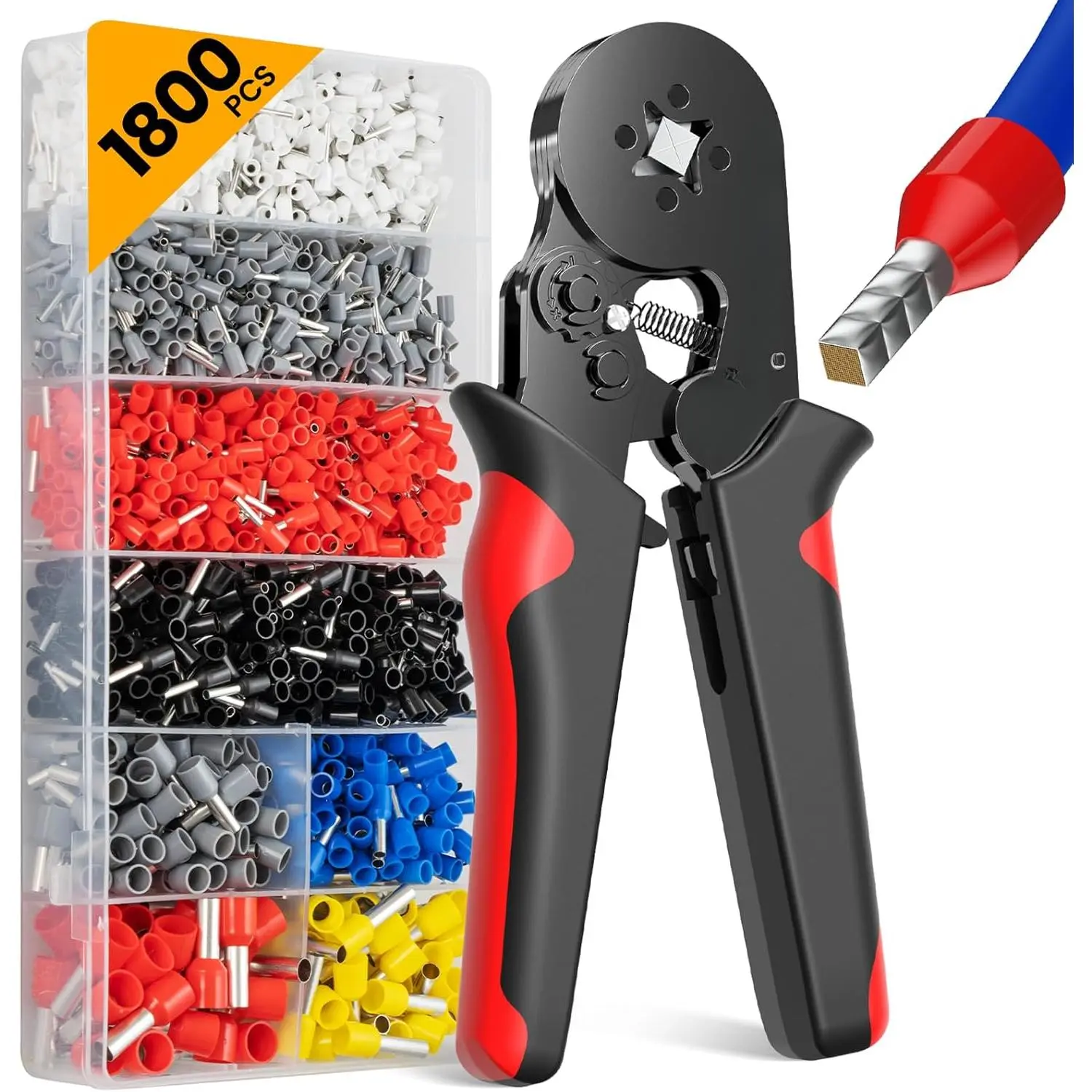 Crimping pliers tool kit, wire crimping pliers connector, 4-corner self-adjusting AWG23-7 specification 1800 crimping caps electrical terminals, crimping pliers tool, needle-type terminal ratchet pliers for audio, automotive, and DIY use