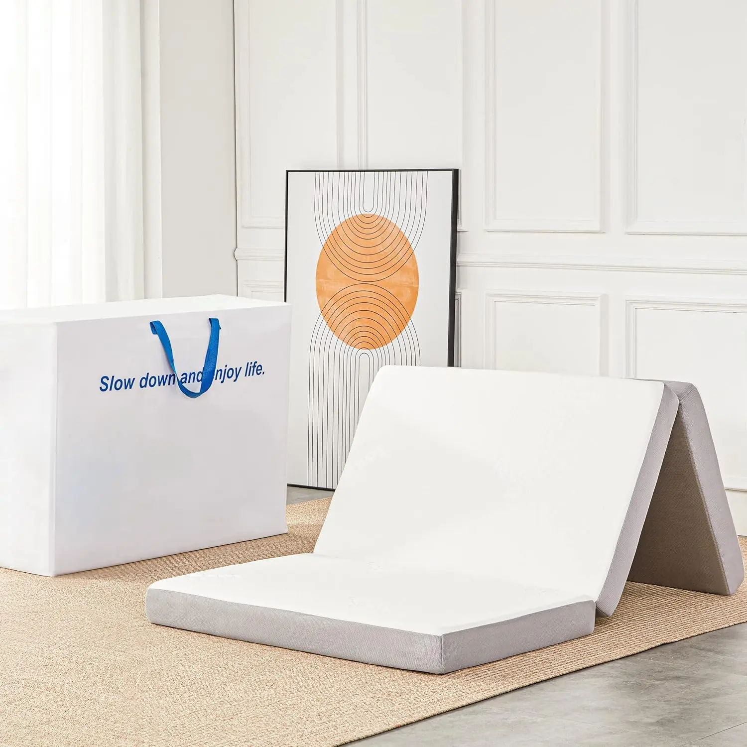 Single Size Folding Memory Foam Mattress - 4 in Breathable Bamboo Fiber Fabric Cover, Tri-Fold Guest Bed for Camping, Road Trip (Baby & Maternity Use), Foldable Floor