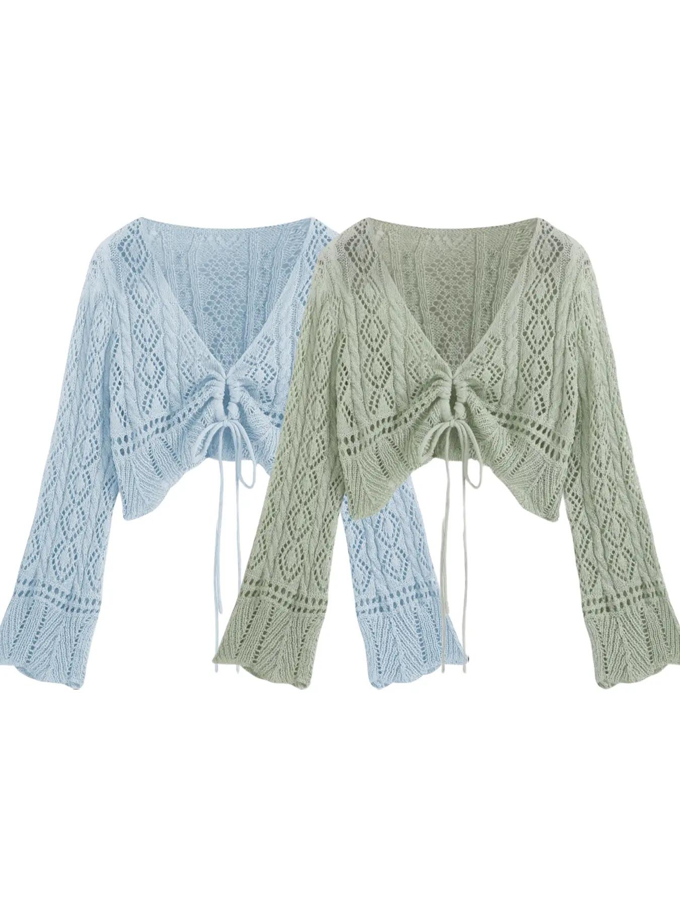 【Plus Size】 Hollow Out Drawstring Sheer Cardigan, Casual Flounce Sleeve V Neck Knitwear Top for Spring & Fall, Women's Plus Clothing for Daily Wear