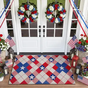4th of July Patriotic Door Mat, Red White Blue Star and Block Welcome Mats with Heavy Duty Backing, Doormat for Independence Day Home Porch Garage Farmhouse Decor