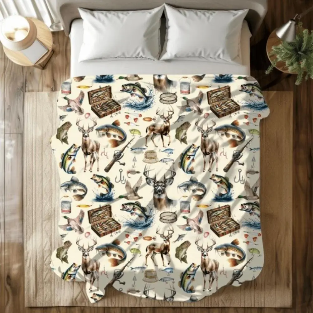 Vintage Hunting Fishing Adult Blanket Kids Blanket, Soft Flannel Air Conditioner Blanket Throw for Sofa Bed Couch, Rustic Cabin Lodge Wildlife Blanket with Bass Deer Duck Catfish Design, All Season Travel Camping Gift