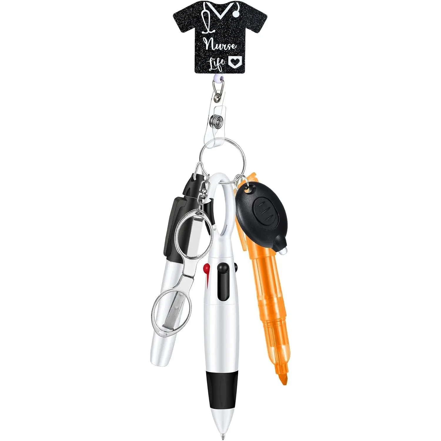 6-Piece Nurse Pen Set with Permanent Marker, Badge Clip Ballpoint Pen, Highlighter, Foldable LED Flashlight (LED Light Feature) – Office Stationery Nurse Appreciation Gifts (Black)