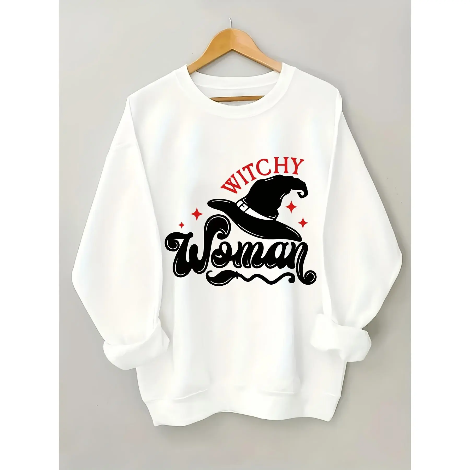 Witchy Woman Hat Graphic Print Halloween Theme Creative Print Women's Casual Sweatshirt, Crew Neck Sweatshirt, Machine Washable Not Dry Cleanable, Simple Versatile Spring and Autumn Casual Fit