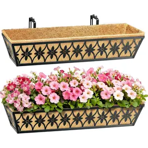 30 Inch Window Boxes Planters Railing Planter Box - 2 Pack Deck Railing Planter Boxes with Adjustable Brackets Coco Liners Balcony Planters Railing Hanging for Window Flower Boxes Outdoor Garden Decor