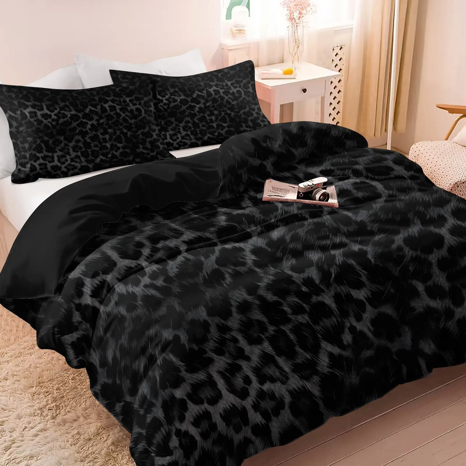 Dark Black Leopard Print Duvet Cover Set (1 Duvet Cover + 1-2 Pillowcases), Soft Skin-Friendly Fabric, Fashion Dark Grey Furry Leopard Texture HD Print, Cool Retro Wild Style Bedding Decor For Bedroom