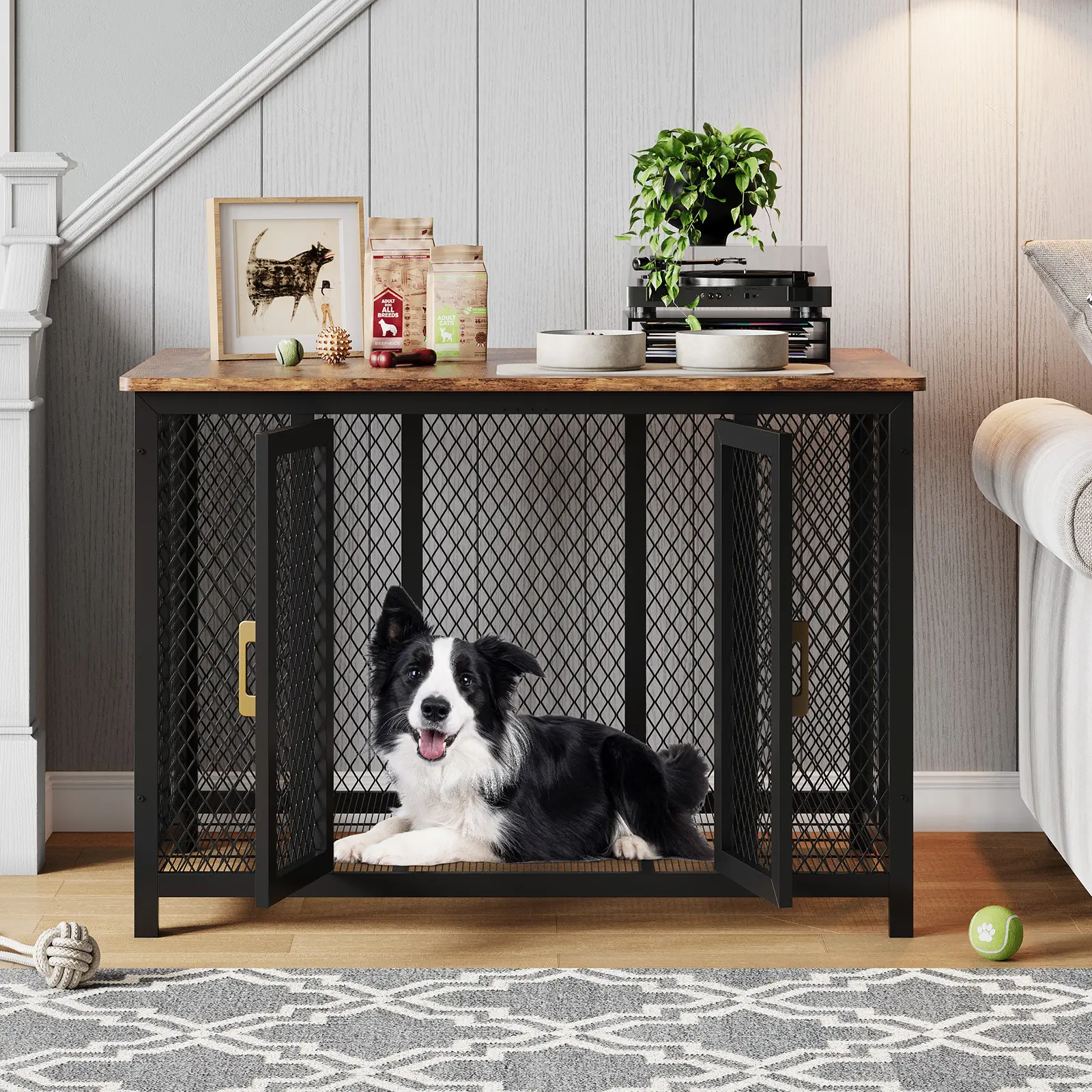 48-Inch Dog Crate Furniture, Wood Top with Carbon Steel Frame, Vintage Rustic and Black, Heavy-Duty Multi-Door Kennel, Holds Up to 110 lbs