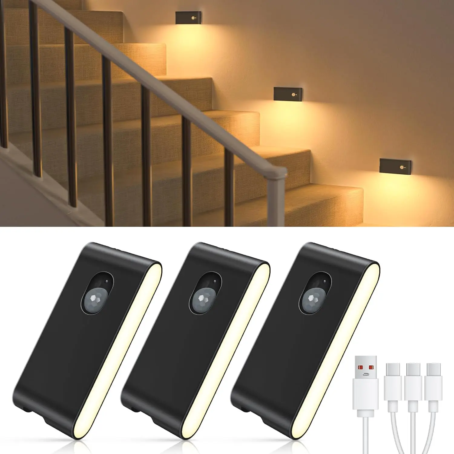 Rechargeable Night Light, Wireless Stair Lights Indoor, Warm White Motion Sensor Light Indoor, Stick-Anywhere, Battery Powered Night Light for Hallway, Stairway, Bathroom, Bedroom, 3 Pack