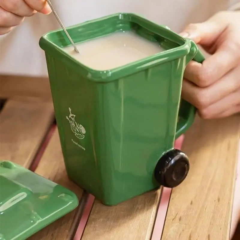 Creative Trash Can Cup and Spoon Set, Ceramic Drinking Mug, Travel Coffee Mugs, Birthday Gift Idea, Funny Cup for Best Friend, Funny Design Mug, Unique Present, Funny Beverage Mug