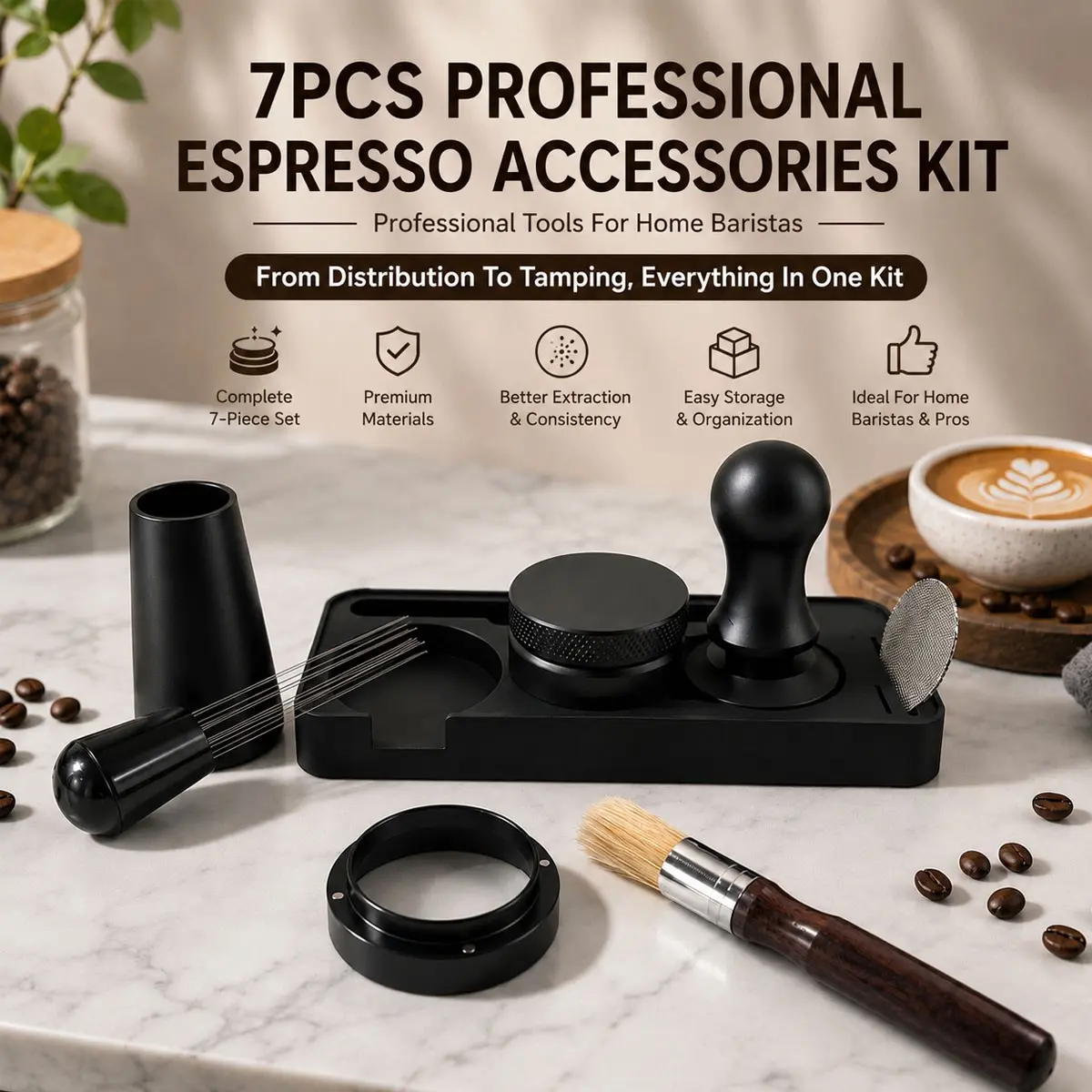 Espresso Coffee Tamper Tool Set, 7pcs Accessories Kit, 51/54/58mm Set Includes Tamper, Distributor, Stirrer, Dosing Funnel, Brush, Puck Screen,Tamping Station，Very Suit For Coffee Lovers