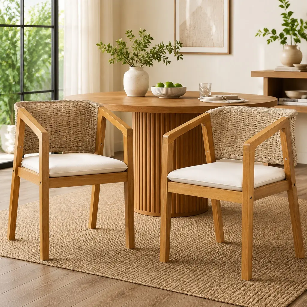 ARCH Set of 2 Cushioned Coastal Acacia Wood Outdoor Dining Chairs - Rope Weave Seats, Beige Water-Repellent Fabric, 400lbs Capacity, Quick Assembly Required, Light Teak Finish, 24.50" W x 21.25" D x 31.25" H, Balcony Use for Leisurely Meals, Cushioned Sea