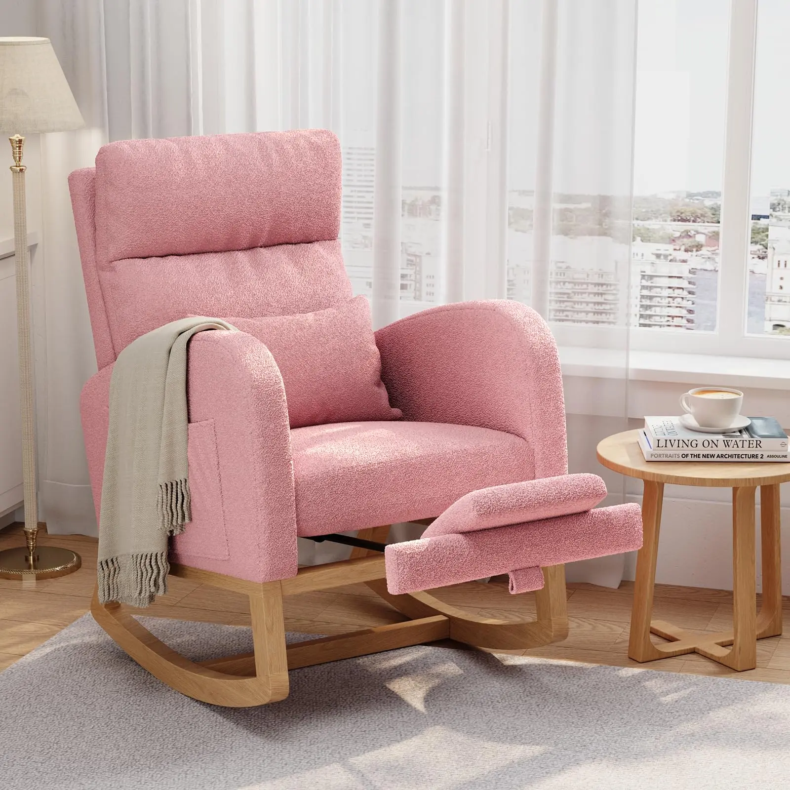 Garvee Modern Nursery Glider Rocking Chair with Side Pockets & Pillow - Upholstered Rocker Armchair for Nursing, Living Room or Bedroom - Color Options: Brown/Grey/White