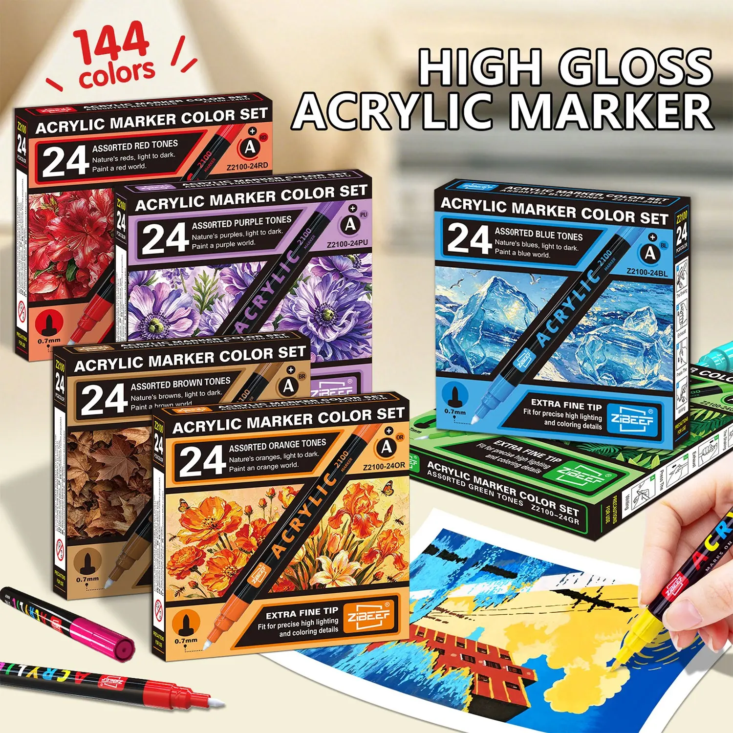 Fine Tip Acrylic Marker Pens, Art Markers, 0.7mm Precision Hard Tip, 24 Colors Per Box, Acrylic Markers Set, 144 Colors Total, Waterproof, Quick Dry, Ideal for DIY Crafts