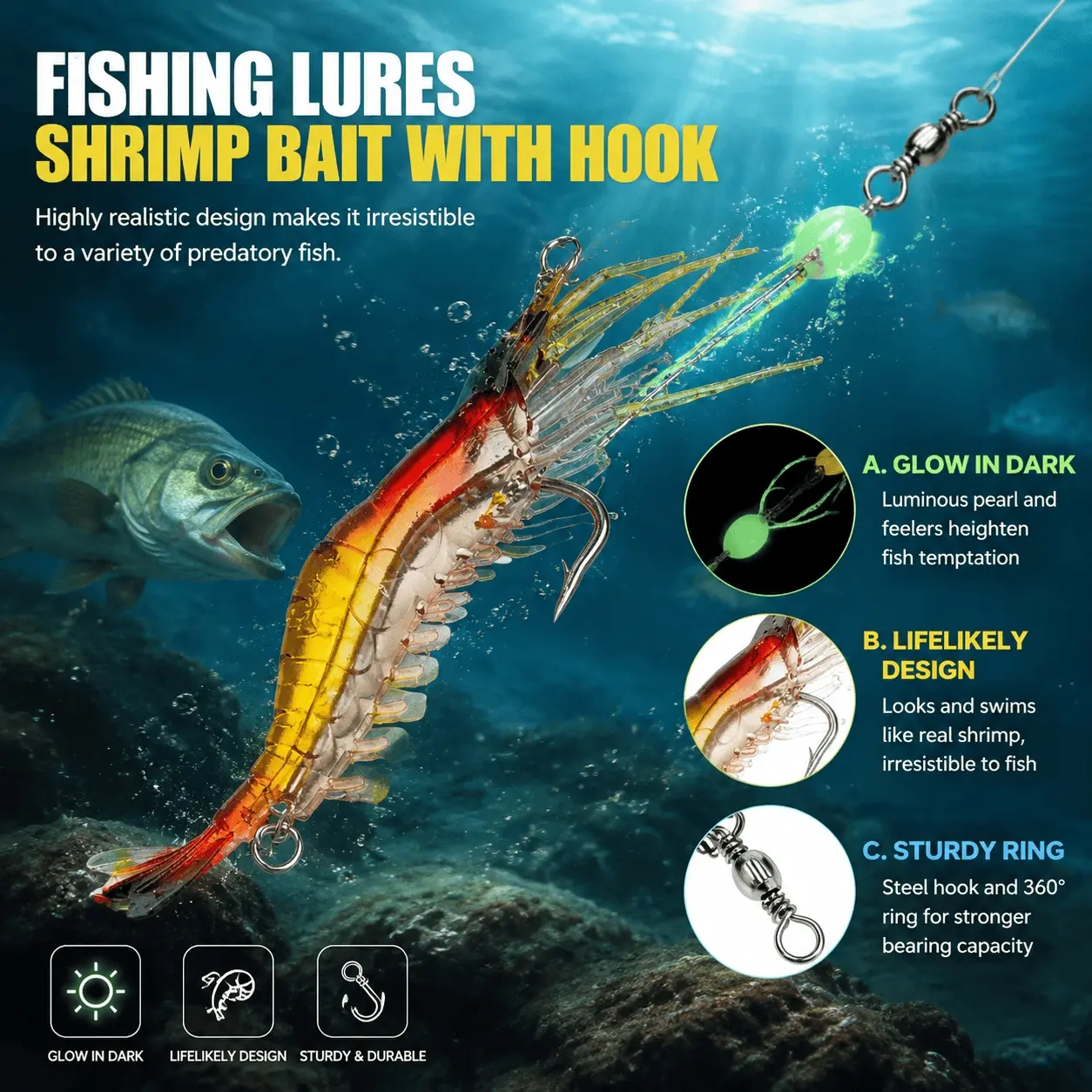 Self Glow Soft Shrimp Lure, Long-Lasting Glow in Dark Bait, Eco-Friendly Anti-Tangle Fishing Lure for Bass, Trout, Sea Bream, and More, High-Visibility Silicone with Treble Hook, Artificial Fishing Lures, Fishing Supplies