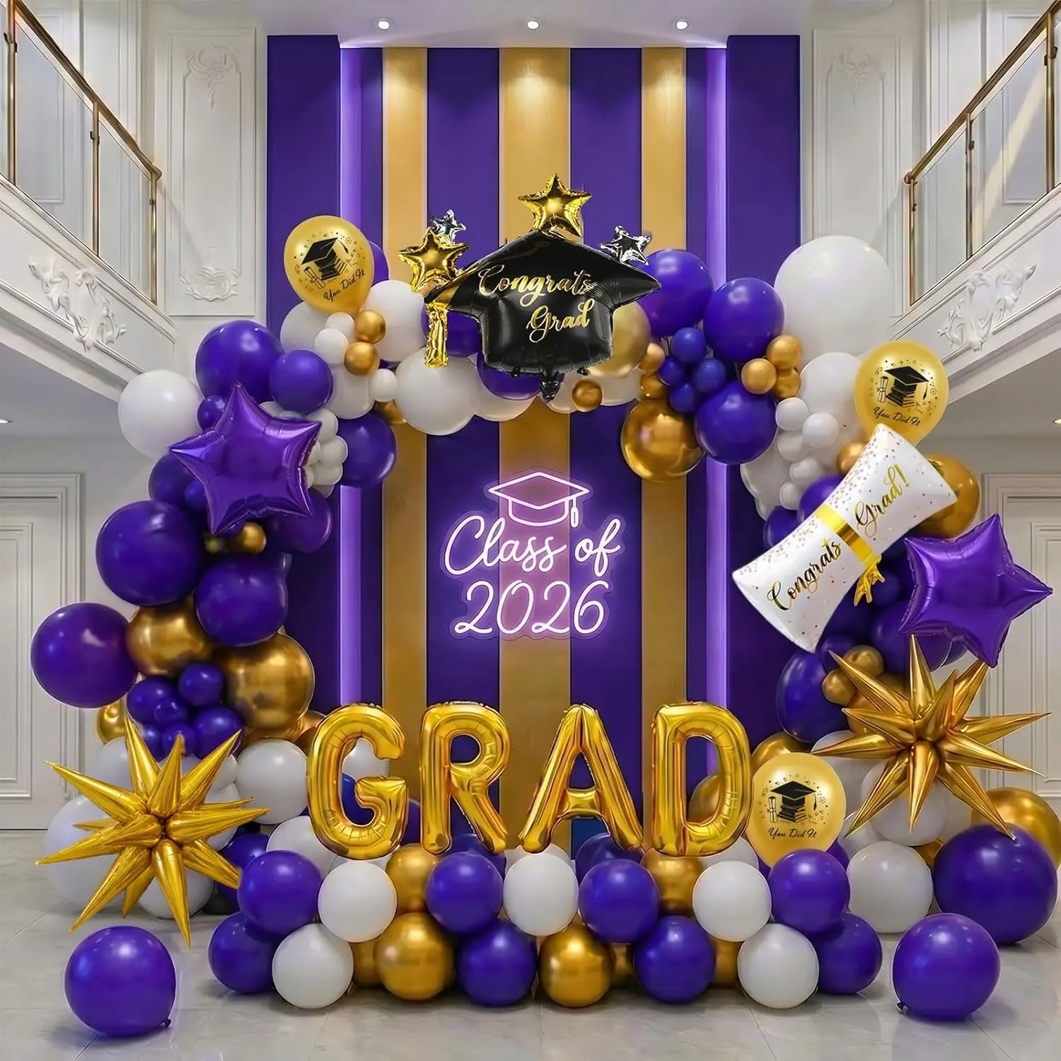 2026 Graduation Decorations Purple Gold White - 115Pcs Balloon Arch Kit with Certificate & Star Foil Balloons, Class of 2026 Graduation Party Supplies for College, High School Grad Prom Decor