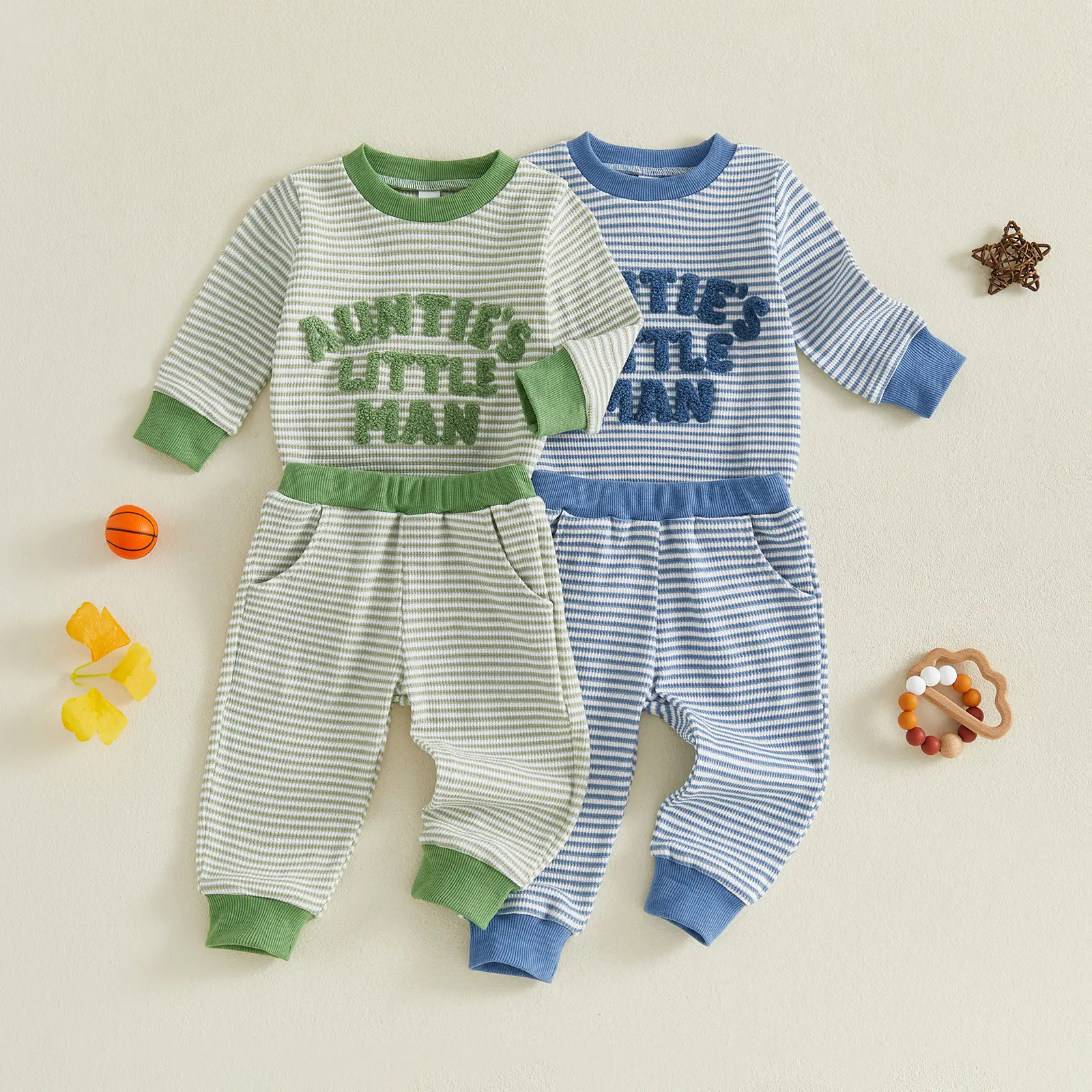 Infant Baby Boy Fall Outfits Waffle Letter Embroidery Long Sleeve Romper and Jogger Pants Loungewear Set 0-18 Months