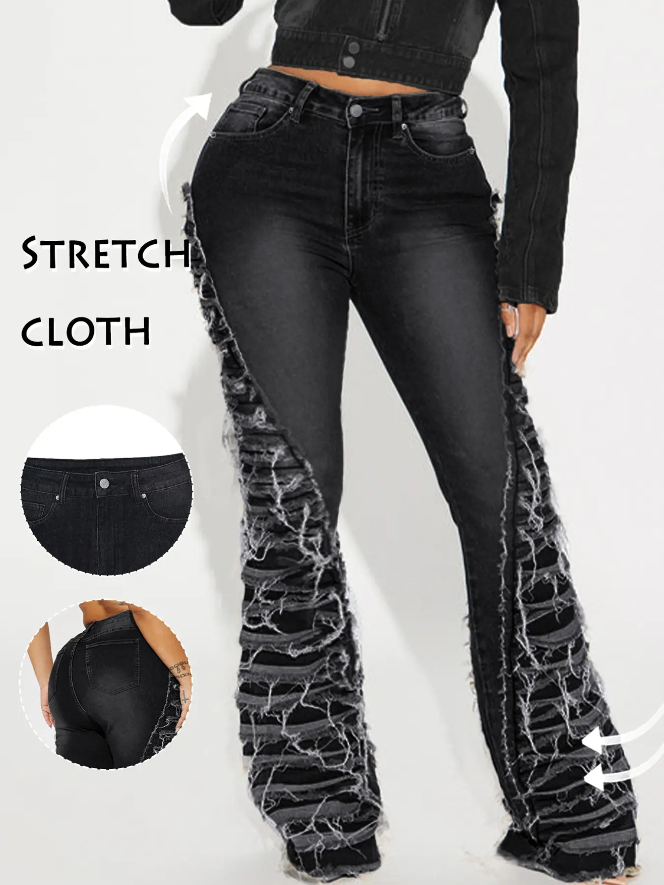 GILIPUR Fringe Ripped Flare Jeans | High Stretch Y2K Tassel Denim Bootcut Pants TChic Fashion Bell Bottom Jeans
