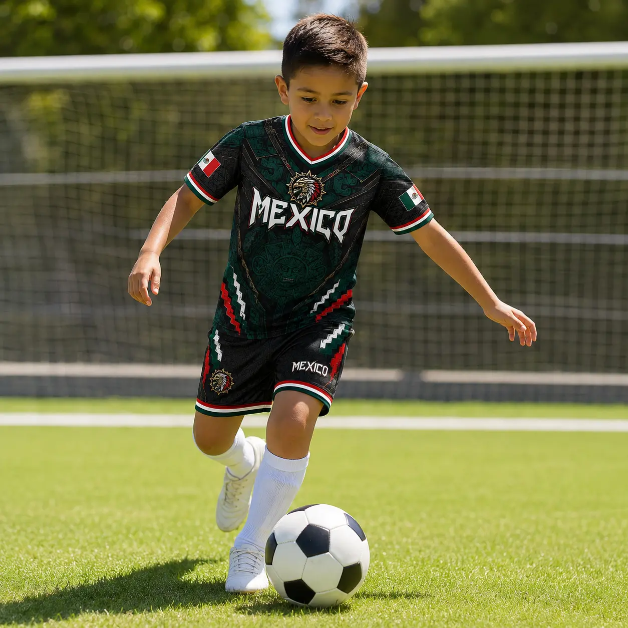 2026 Mexico Boys' Jersey and Shorts Set – V-neck short-sleeve fan jersey featuring Aztec calendar and Eagle Warrior graphics; boys' apparel set.