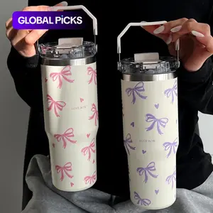 Butterfly and Heart Pattern Vacuum Insulated Tumbler, 1 Count Large-Capacity Water Bottle with Handle and Straw for Home, Office or School#TOP PICKS