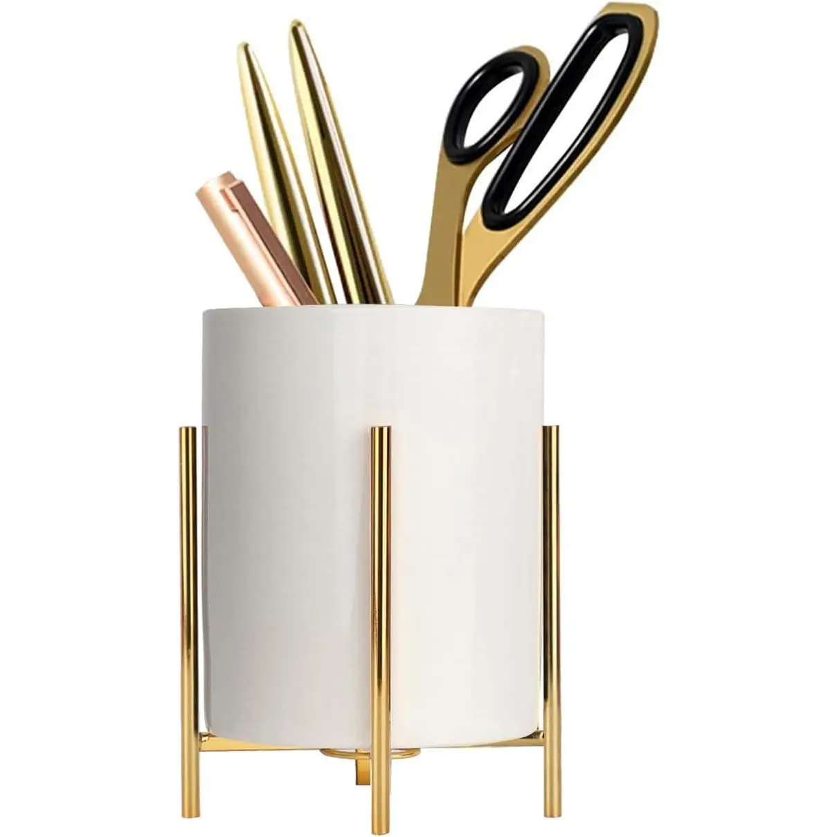 Modern Metal-Ceramic Pen Holder, Sturdy Metal Frame Gold Pencil Cup for Desks and Kitchen Appliance Storage
