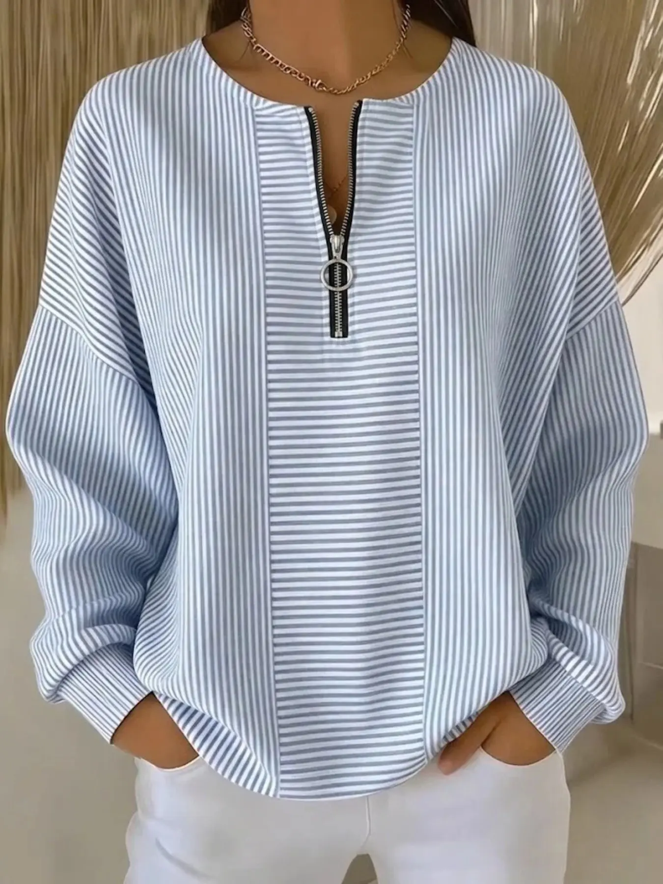 Women's Striped Zipper Long Sleeve Top, Loose Fit Drop Shoulder Casual T-Shirt, Round Neck Slimming Tee for Daily Commute & Leisure Wear