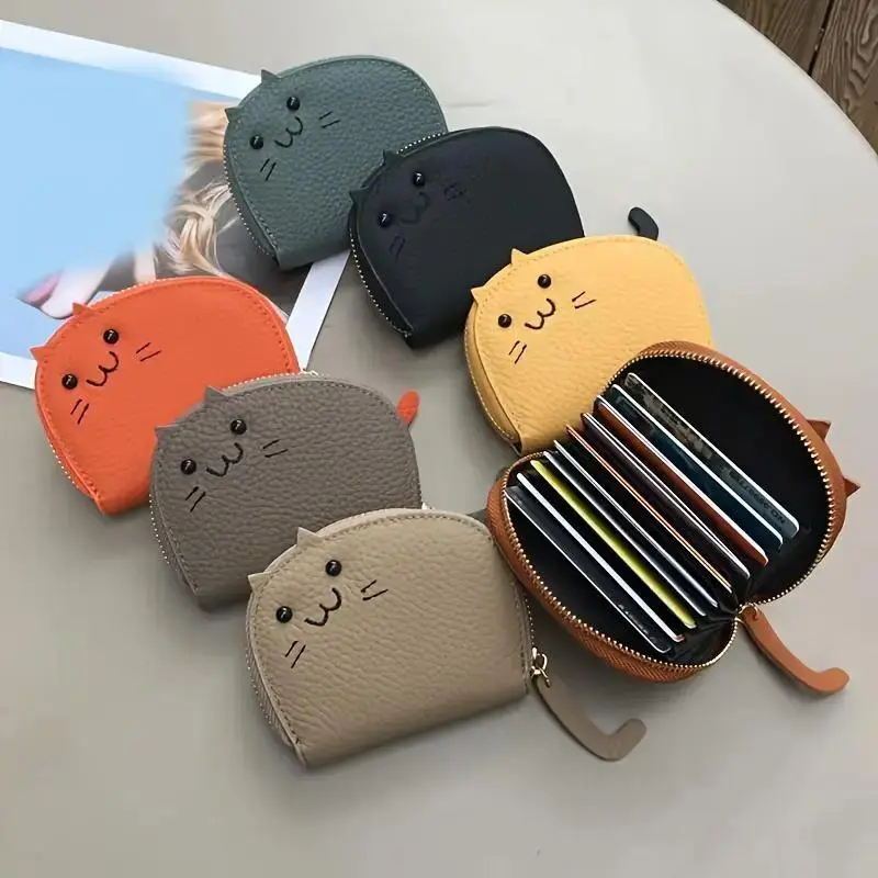 Cute Cat Print Card Holder Wallet for Women, Y2K Mini Zipper Coin Purse, Compact ID & Credit Card Case with Multiple Slots, Lightweight Vegan Leather, Small Wallet for Travel, Sports & Everyday Use