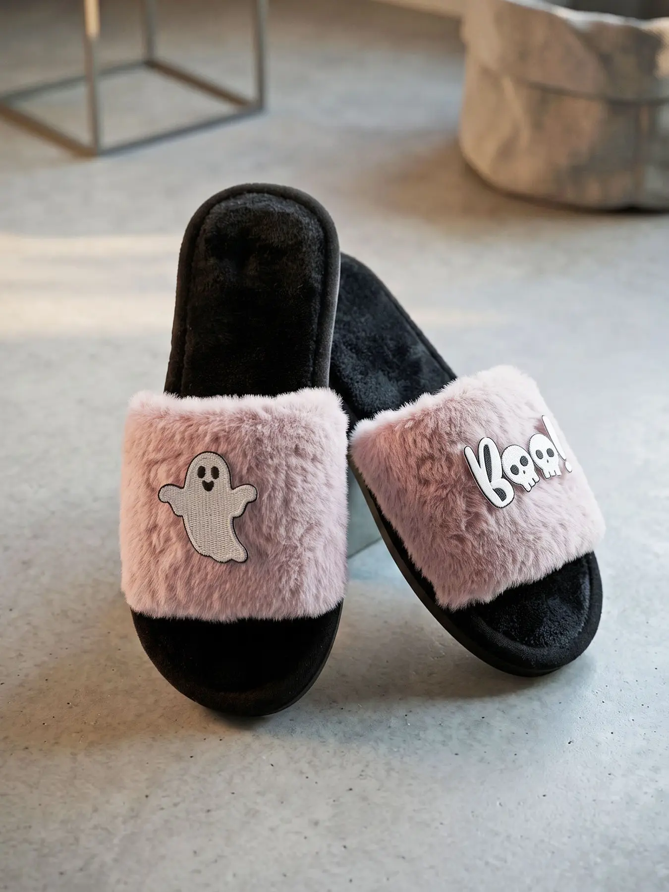 Women's Halloween Ghost Boo Plush Open-Toe Sandals, Cute Ghost Fluffy Home Slippers, Warm Bedroom Festival Party Shoes, Four Colors Available