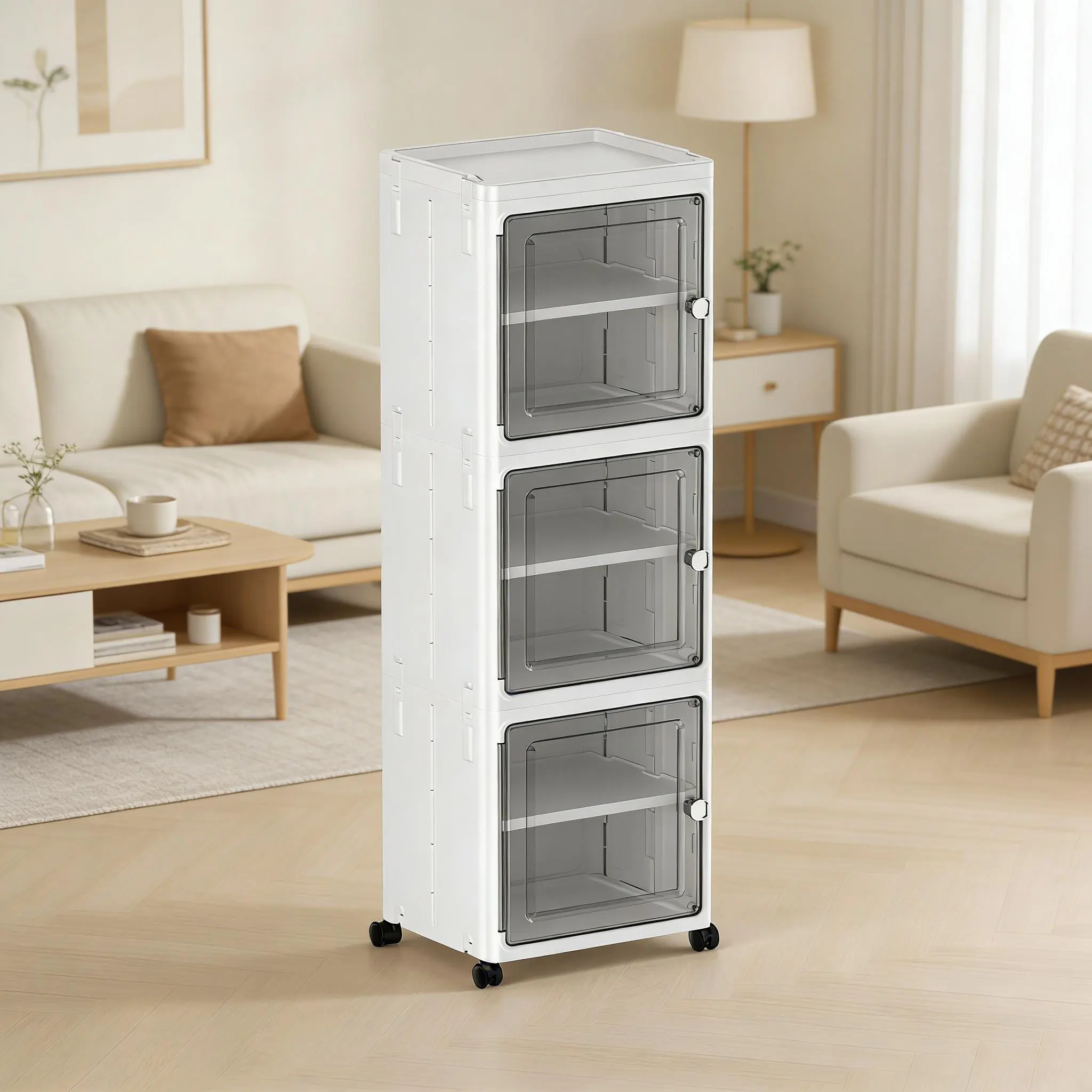 White 3-Tier Freestanding Foldable Storage Cabinet - Dustproof PP Plastic Organizer with Wheels, for Bathroom, Kitchen Use, Storage Organizer, Room Storage